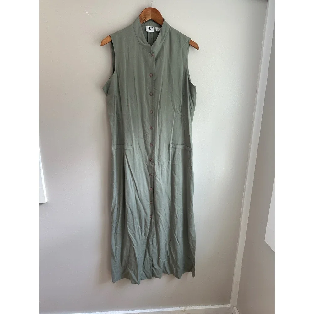 JRT Silk Maxi Dress Womens 14 Sage Green EUC Sleeveless Button Down vintage 90's - Picture 1 of 7